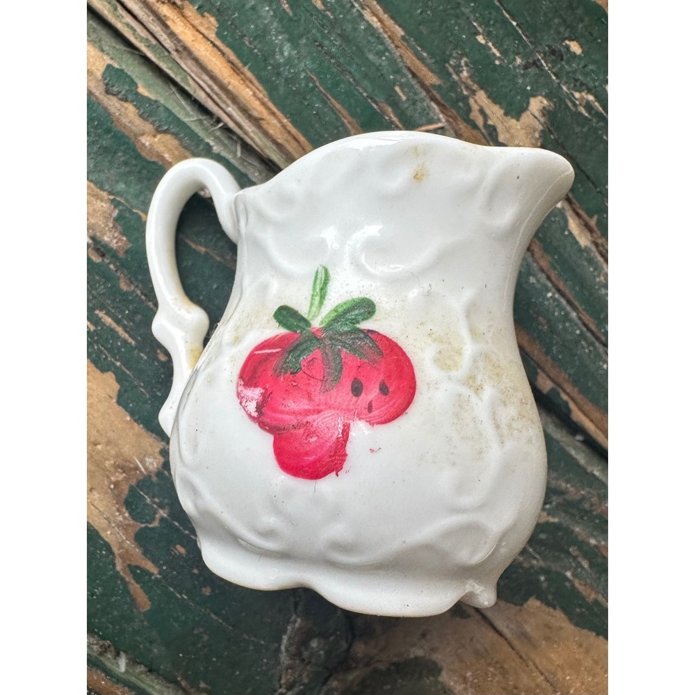 Vintage Miniature Ceramic Strawberry Creamer Pitcher White Embossed 2.5 Inch